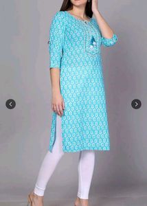 Blue Printed Mirror Work Cotton Straight Kurta
