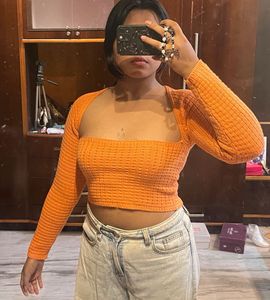 orange full sleeve crochet crop top