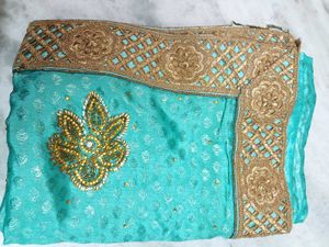 Teal &amp; Gold Embroidered Saree