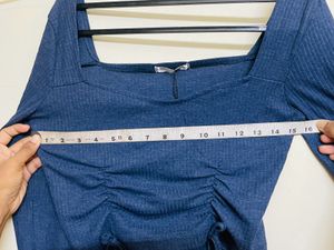 Navy Blue Ruched ribbed  Drawstring Top