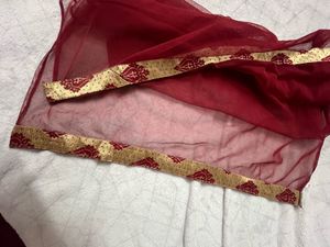 Red Net Dupatta with Gold Border