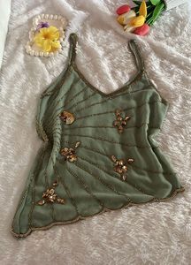 sage green y2k butterfly sequin top