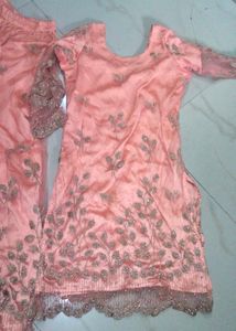 Peach Embroidered Kurta Set+Free Saree
