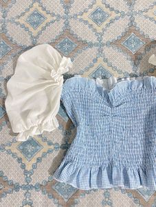 Blue Smocked Off-Shoulder Top