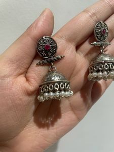 Silver Oxidised Stone Detailing Jhumkas