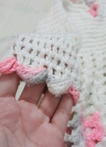 Cute Pink And White Woolen Handmade Frock