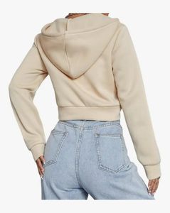 Beige Cropped Zip-Up Hoodie