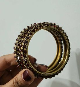 Red Studded Gold Plated Bangle [Set Of 2]
