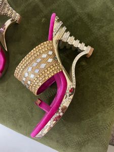 New Pink & Gold Embellished Heels With Sticker