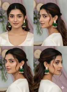 Elegant Green Stone &amp; White Shell Pearl Gold Plate