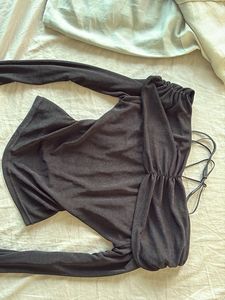 Tie neck ruched off the shoulder long sleeve top