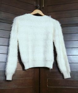 Women White Fur Fluffy Knit Casual Pullover
