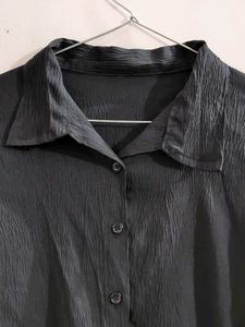 &#39;Black Crinkled Button-Up Oversized Shirt&#39;