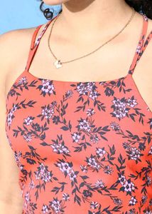 Orange Floral Print Lace up back Crepe Dress