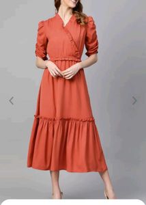 Elegant Rust-Orange Midi Dress with Puff Sleeves a