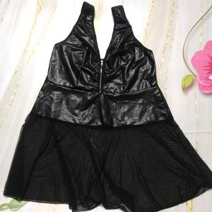 Black Faux Leather Mesh Dress
