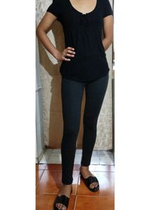 TRAFSLUC ZARA ZIP TIGHT PANTS AND H&M TOP BLACK