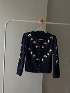 Vintage Navy Blue Embroidered Knit Cardigan