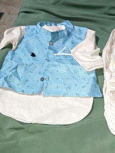 Traditional White Kurta Pajma With Sky Blue Jacket