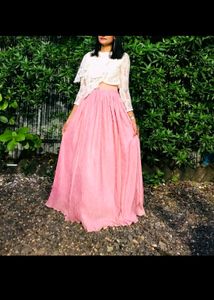 Elegant Pink Pleated Maxi Skirt & Lace Top Set