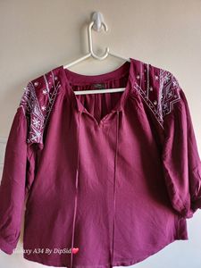 Magenta Colour Ballon Sleeves Top (XS/ S - Size)