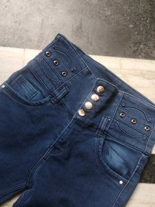 High Waist Navy Blue 4 Buttons Skinny Jeans