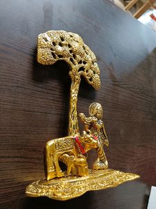 Metal Krishna with Cow Standing Under Tree