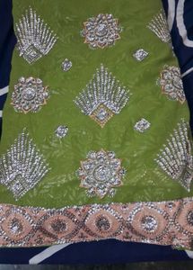 shimmer  Green  chamki saree with blouse