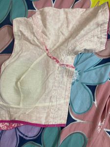 Deep Neck Pink And White Pure Cotton Blouse