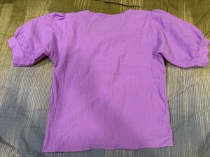 Purple Puff Sleeve Button-Down Top