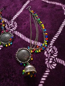 Oxidised Earrings With Mang Tika
