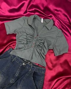 Grey Ribbed Polo Crop Top