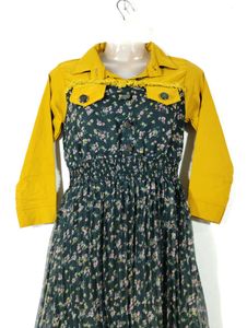 Dark Green Floral Printed Collar Neck Dress