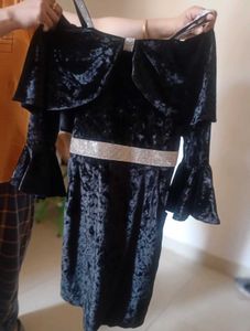 Black Velvet Party Dress with Rhinestone Details