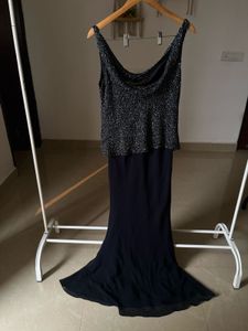JKARA NAVY BLUE BEADED EVENING GOWN