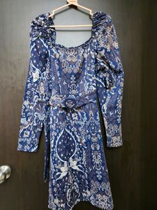 Navy Blue Belted Puff Sleeve Jacquard Dress