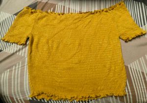 Mustard Yellow Smocked Off-Shoulder Crop Top