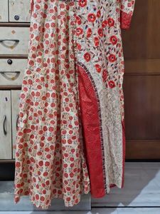 Coral Red, And Beige Colour Cotton Dress Gown