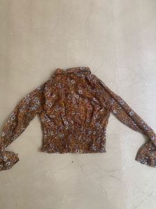 Brown Floral Snatched-Waist Blouse