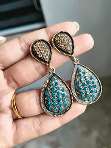 Beautiful Blue And Gold Stone Earrings