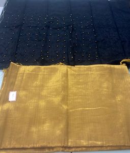 Gold Plain Sareee And Black Blouse