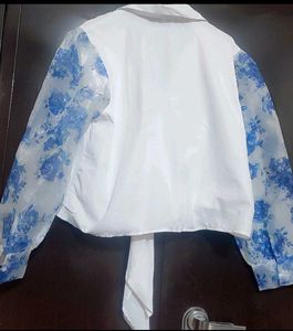 White Top Blue Floral Print Sleeves For 42 Bust