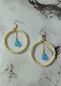 Pearl Hoop Earrings with Blue Accent