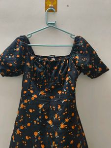 Floral Midi Dress - Puff Sleeve, Slit Detail