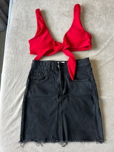 Red Top & Black Denim Skirt