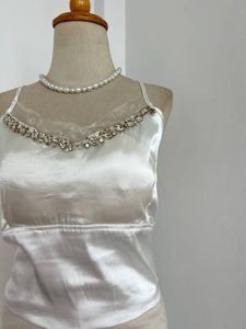 White Beaded Satin Top