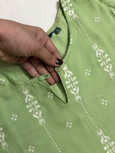 Green Printed Cotton Kurta With Pocket