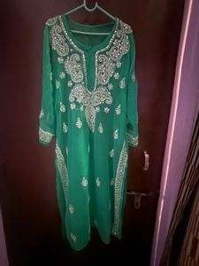 Elegant Teal Chikan Kurti with Mirror Work