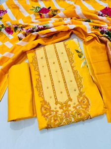 Yellow Floral &amp; Striped Unstitched Suit