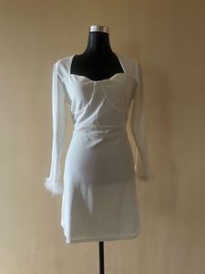 White Mini Dress with Feathered Sleeves